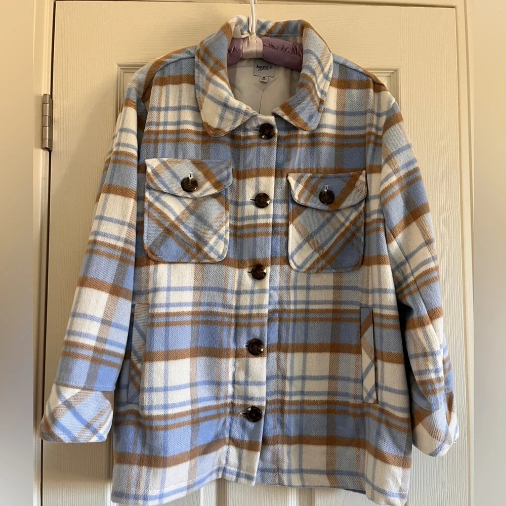 Kensie Jeans Plaid Shacket in Blue and Brown Women Size Medium